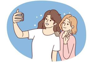 meninas sorridentes fazendo selfie em smartphone juntos. mulheres felizes se divertem tirando fotos de auto-retrato na câmera de celular moderna. ilustração vetorial. vetor