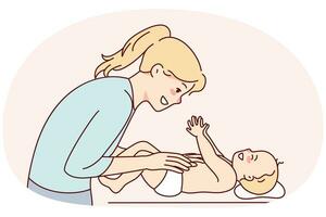 sorridente jovem mãe jogando com recém-nascido bebê. feliz mãe ter Diversão carícia infantil em mesa. maternidade e paternidade. vetor ilustração.