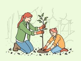 pequeno menina e mãe plantar árvore dentro parque, ajudando restaurar natureza este tem sofrido a partir de floresta fogo vetor