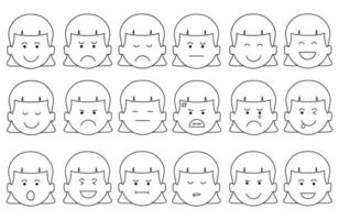mão desenhado crianças desenhando uma coleção do adorável facial menina expressões plano desenho animado isolado conjunto vetor