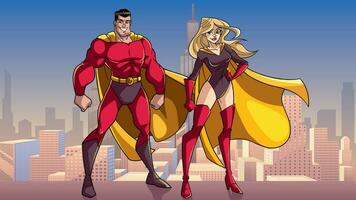 Super heroi casal em pé alta dentro cidade vetor