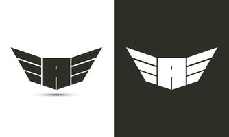 uma logotipo dentro Preto e branco cor com asas e escudo vetor