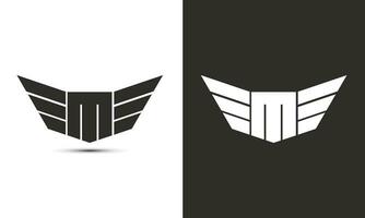 m logotipo dentro Preto e branco cor com asas e escudo vetor