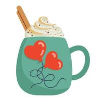 caneca com uma café frappé, cacau, creme. verde copo com vermelho corações e acolhedor beber para uma casal dentro amar. romântico dia dos namorados dia vetor ilustração para cumprimento cartões, bandeiras, convites, e decoração.