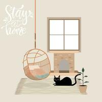 colori hygge Sanitário cenário com lareira e gato vetor ilustração