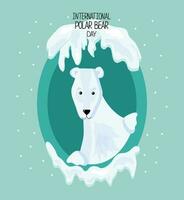 desenho animado polar Urso dentro uma quadro. ártico animal. internacional polar Urso dia, assinado cartão. neve inverno. vetor
