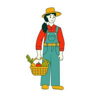 a menina agricultor com uma cesta do legumes colhido. vetor ilustração.