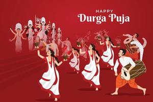 ilustração de pessoas celebrando o feliz durga puja, festival subh navratri com dança dhunuchi na música dhak vetor