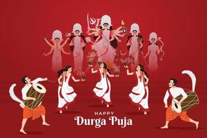 ilustração vetorial de senhoras dançando com dhunuchi e homens jogando dhak para feliz durga puja vetor