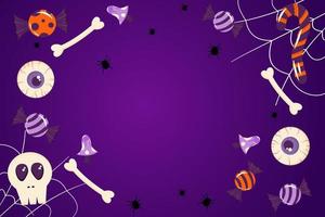 banner para fundo roxo de halloween com lugar para texto. teia de aranha, doces, ossos, olhos, cartão postal de modelo de férias bonito, convite para o feriado de halloween. ilustração vetorial no estilo cartoon vetor