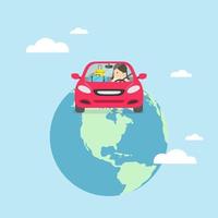 empresária viajar ao redor do mundo de carro. vetor