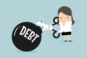 cortando a bomba da dívida, a mão da empresária segurando uma tesoura para cortar a dívida. vetor