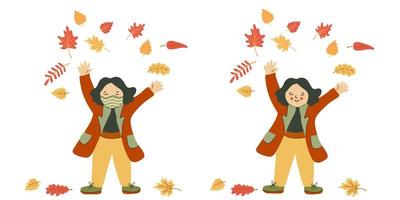 garota usando máscara protetora com folhas coloridas de outono vetor