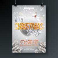Ilustração branca do inseto da festa de Natal com elementos da tipografia e bola brilhante decorada no fundo brilhante. Vector Design de cartaz de celebração.