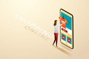 jovem compras online através do telefone. vetor