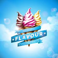 Ilustração do gelado com sobremesa deliciosa e fita etiquetada no fundo do céu azul. Modelo de design de vetor para banner promocional ou cartaz com baunilha, chocolate, soco.