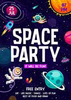 espaço festa folheto, desenho animado astronauta, estrangeiro, UFO vetor