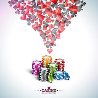 Vector a ilustração em um tema do casino com cartões do pôquer e que joga microplaquetas no fundo branco. Design de jogo para banner convite ou promo.