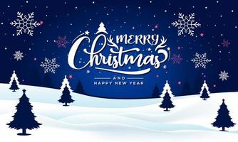 Feliz Natal e ano novo tipografia em fundo brilhante de Natal com paisagem de inverno com flocos de neve, luz, estrelas. cartão de feliz natal.