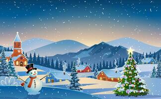 inverno neve panorama e casas com Natal árvore e boneco de neve. conceito para cumprimento ou postal cartão. inverno neve panorama e casas com flocos de neve queda a partir de céu. vetor ilustração.