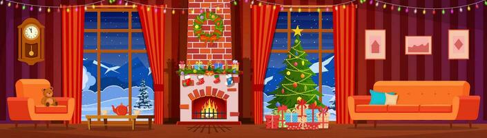 Natal interior do a vivo quarto com uma Natal árvore, presentes e uma lareira. feliz Novo ano decoração. alegre Natal feriado. vetor ilustração