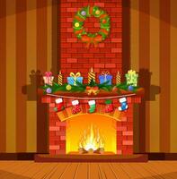 vermelho tijolo clássico lareira com meias, vela bolas presentes e guirlanda. feliz Novo ano decoração. alegre Natal feriado. Novo ano e natal celebração. vetor ilustração dentro plano estilo