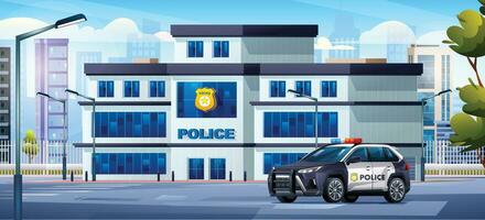 polícia estação construção com patrulha carro e cidade panorama. polícia departamento escritório em paisagem urbana fundo desenho animado ilustração vetor
