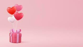 namorados s dia conceito. 3d coração quente ar vôo com presente caixa em Rosa fundo. amor conceito para feliz mãe s dia, namorados s dia, aniversário dia. vetor ilustração