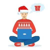 homem vestindo santa claus chapéu sentado em a chão escolhendo Natal presentes com computador portátil. conectados oferta. preparando para Natal feriados. vetor ilustração dentro plano estilo