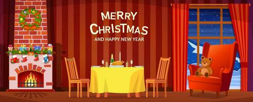 festivo interior do vivo sala, Novo ano. Natal árvore, festivo mesa, presentes acima lareira para Novo ano, lindo mobília, lareira, Natal guirlanda, decorações. vetor ilustração