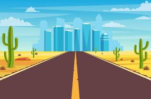 esvaziar rodovia estrada dentro deserto conduzindo para uma grande cidade. arenoso deserto panorama com estrada, pedras e cactos. rodovia dentro Arizona ou México quente areia. vetor ilustração dentro plano estilo