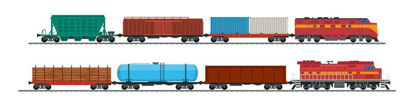 trem frete vagões, trilho carga e Ferrovia containers. frete trem com vagões, tanques, frete, cisternas. industrial carruagens, lado visualizar. vetor ilustração dentro plano estilo