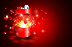namorados fundo, aberto presente caixa com surpresa, coração e Magia luz fogos de artifício vetor