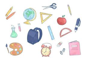 elementos de papelaria escolares coloridos isolados, itens escolares em aquarela desenhados à mão vetor