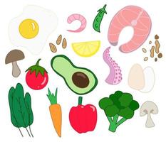 desenho de comida ceto colorido isolado. dieta cetogênica doodle. fundo com ingredientes alimentares saudáveis em fundo branco para banner, papel de parede, menu. vetor eps 10