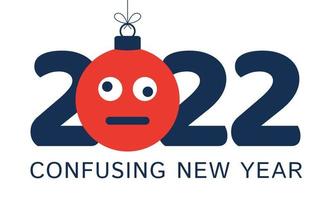 cartão de felicitações para o ano novo de 2022 com cara de emoji confusa que fica pendurada no fio como um brinquedo de Natal, bola ou bugiganga. ilustração em vetor conceito emoção de ano novo