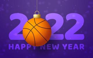 2022 feliz ano novo. cartão de esportes com uma bola de basquete no fundo de luxo com floco de neve. ilustração vetorial. vetor
