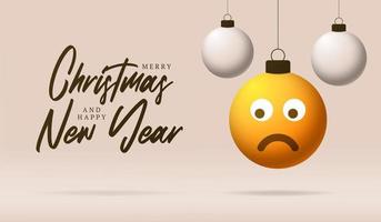 cartão de feliz Natal com cara de emoji triste. ilustração vetorial em estilo simples com letras de natal e emoção triste na bola de natal pendurada no fio no fundo vetor