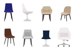 lindas cadeiras modernas com diferentes formas e tamanhos para o escritório e ao ar livre com diferentes poses, posições e cores vetor