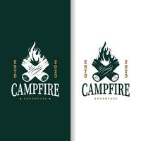 Projeto madeira e fogo, logotipo fogueira fogueira vetor acampamento aventura vintage ilustração