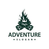 Projeto madeira e fogo, logotipo fogueira fogueira vetor acampamento aventura vintage ilustração