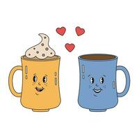 dois copos do café dentro amor dentro groovy retro estilo. feliz dia dos namorados dia, romântico conceito. hippie retro vintage amor elementos. vetor