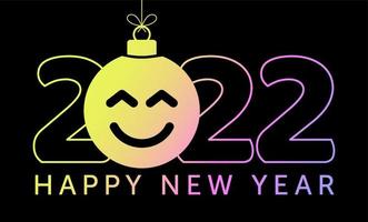 cartão de felicitações para o ano novo de 2022 com o rosto sorridente de emoji pendurado no fio como um brinquedo de Natal, bola ou bugiganga. ilustração em vetor conceito emoção de ano novo