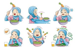 saudável Comida. coleção do ilustrações do expressões do crianças vestindo hijab comendo legumes vetor