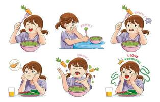 saudável Comida. coleção do ilustrações do crianças expressões comendo legumes vetor