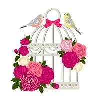 vintage pássaro cela com periquitos. uma romântico cela com florescendo rosas e pombinhos. ilustrado vetor clipart.
