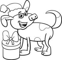 engraçado desenho animado cachorro com Natal presente coloração página vetor