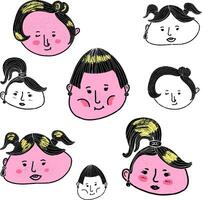 uma conjunto do desenho animado rostos com diferente cabelo estilos vetor