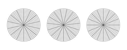 roda do vida modelos. treinamento ferramenta para visualizando. círculo diagramas do vida estilo equilíbrio. polar grades com segmentos e concêntrico círculos. espaços em branco do polar gráfico papel. vetor ilustração.