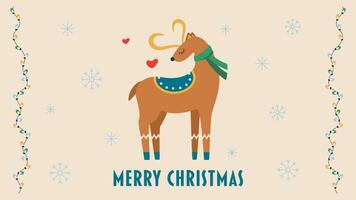cartão postal com texto alegre Natal, cervo, floco de neve, festão. vetor